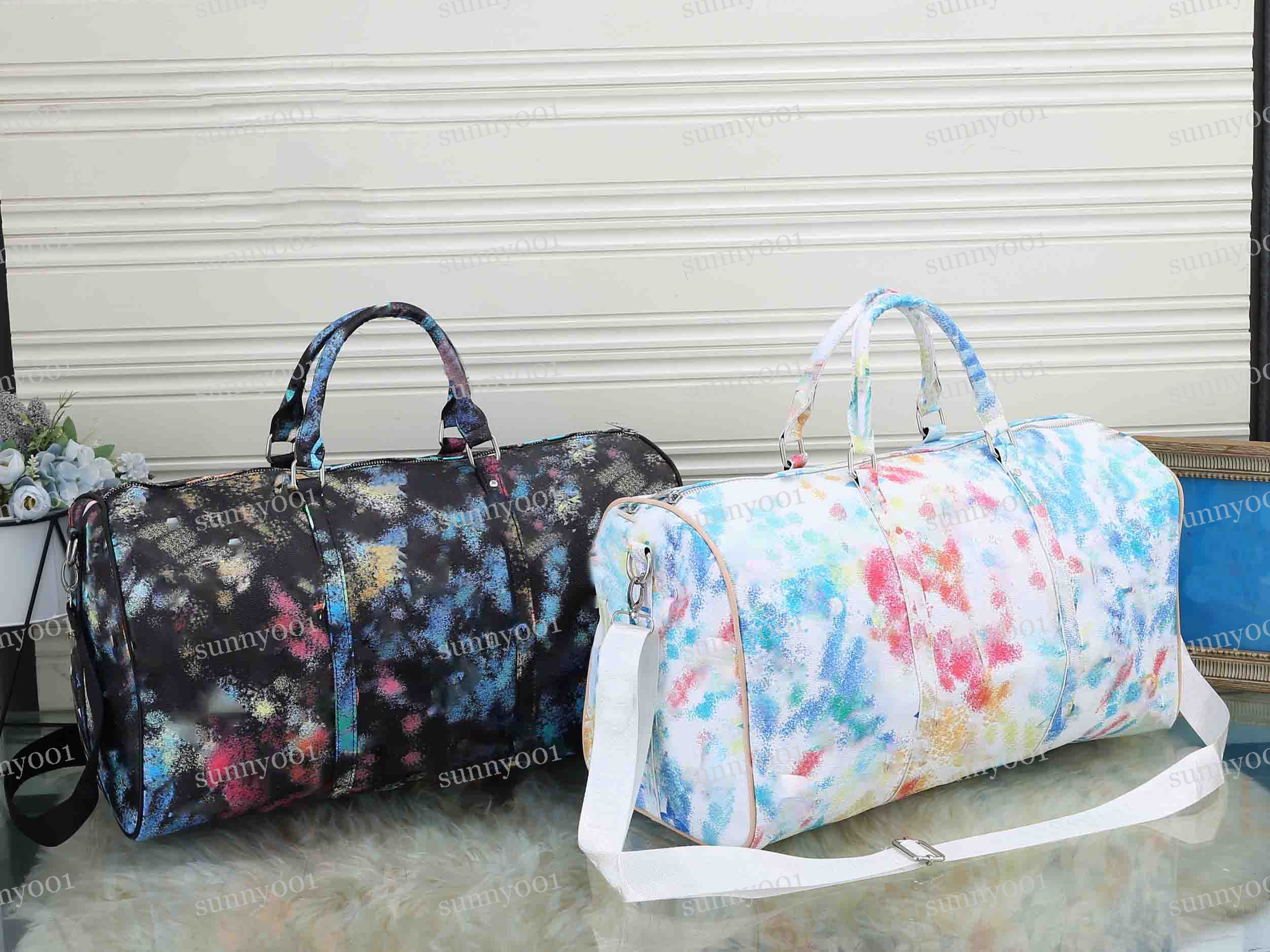 

mens duffle bags women Travel bag High capacity hand luggage pu leather handbags large cross body totes L53cm Synthetic Soft Zipper size:53x32x21cm Multifunction, Black big flower