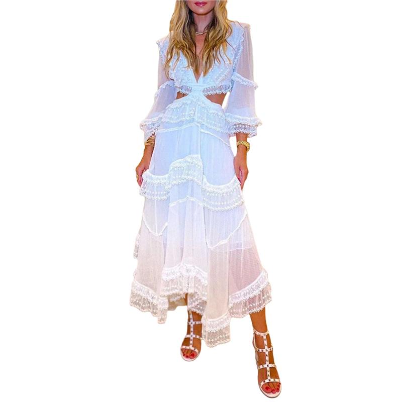 

Casual Dresses Xingqing Women Long-sleeved Dress With Lace Decoration Sexy V-neck Hollow Spring Midi Party Clothes, White