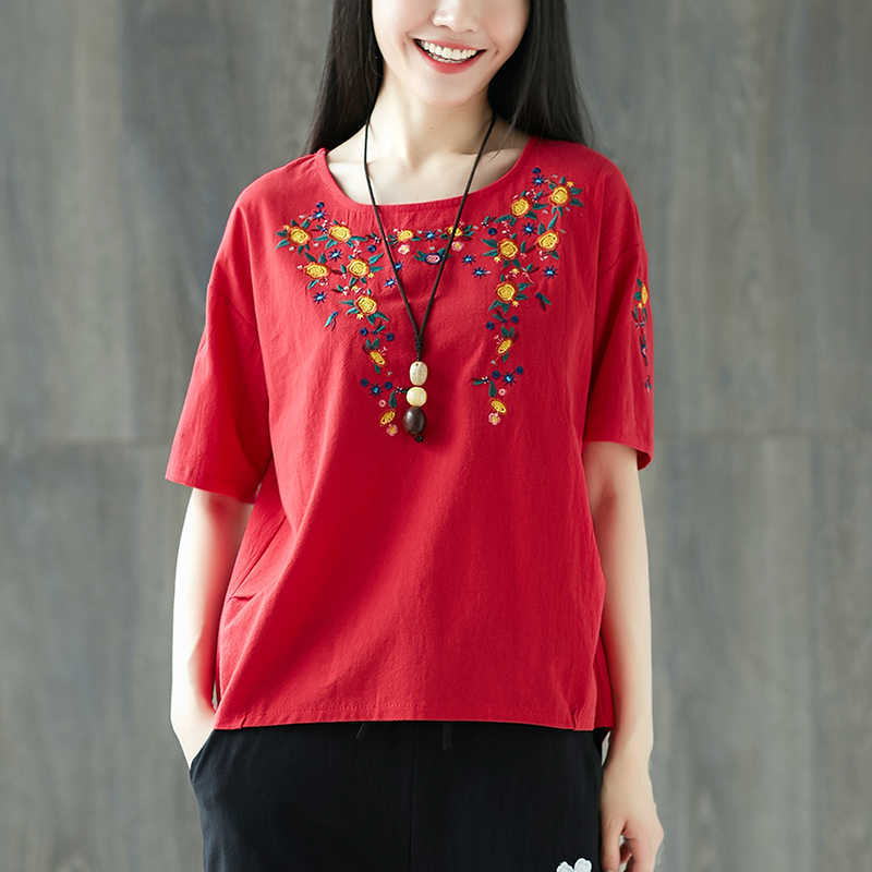 

F&je Summer Style Women Tshirt Plus Size Short Sleeve Loose O-neck Tops Cotton Linen flower Embroidery Vintage Tee Shirt CYK2 210608, White