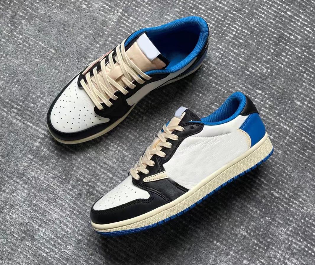 

New Air Fragment Authentic Travis Scott 1 Low OG SP Man Athletic Sports Shoes Military Blue SB Cactus Jack Dunk Women Leather Upper Shy Pink