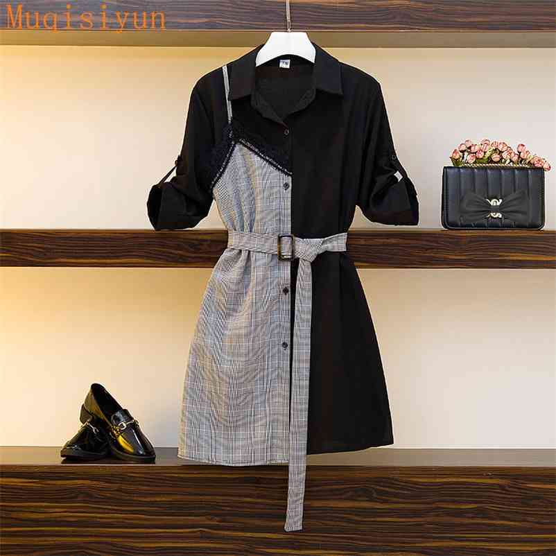 

Summer Elegant Women Shirt Dress Fashion Lace Patchwork Plaid Casual Dresses with Belt 210519, White