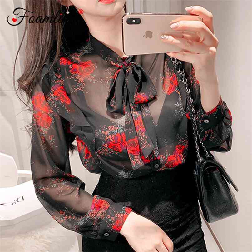 

Korean Fashion Women Blouse Spring Summer Bowtie Neck Long Sleeve Floral Print Perspective Sexy Ladies Chiffon 210603, Black