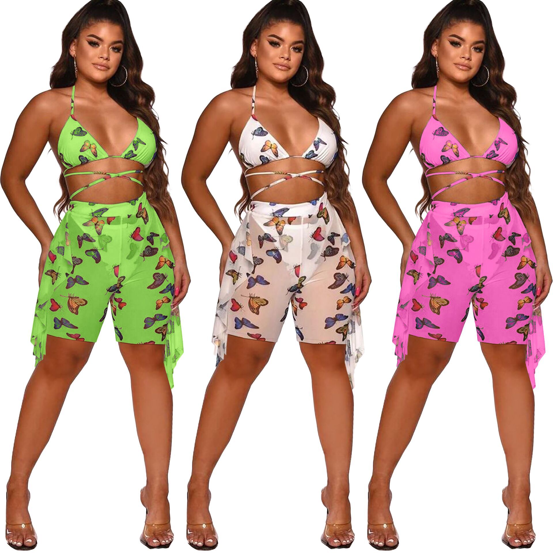 

Summer Womens Two Piece Pants suits Butterfly print sexy bandage halter bra Ruffled skinny shorts outfits set beach clothes bikini swimwear, White