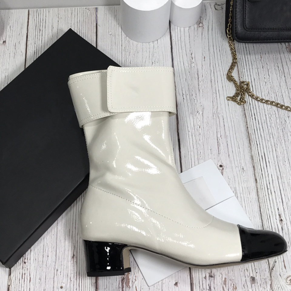 

Women designer fashion boot 2021 autumn black patent leather thick heel side zipper ankle boots, White and black