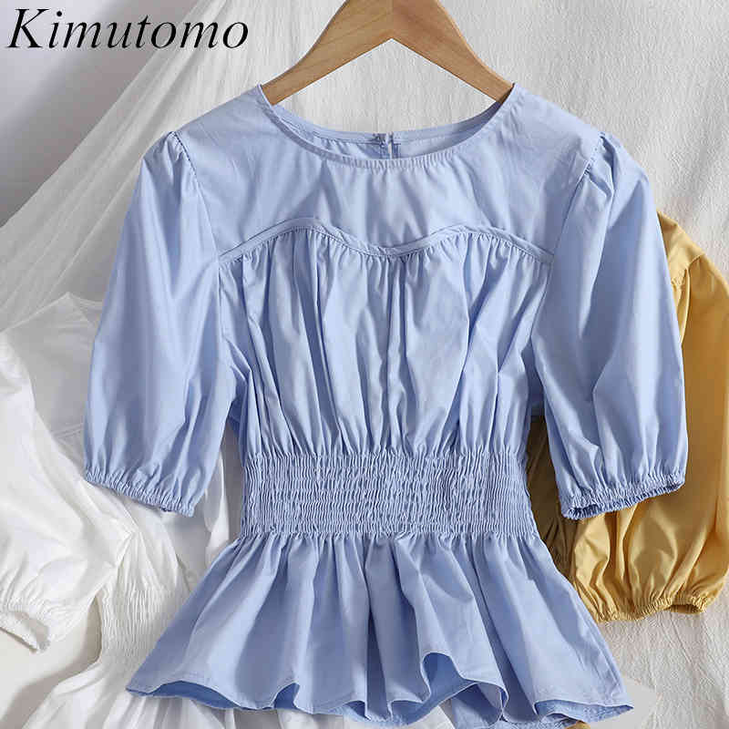 

Kimutomo Solid Blouse Women O Neck Short Puff Sleeve Slim Waist Fold Shirt Spring Summer Korean Fashion Casual Tops 210521, White