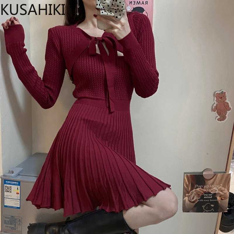 

KUSAHIKI Korean Knitted Women 2piece Sets Bow Tie Long Lseeve Super Short Knitwear + Slim Pleated A-line Sling Dress Suit 6E793 210602