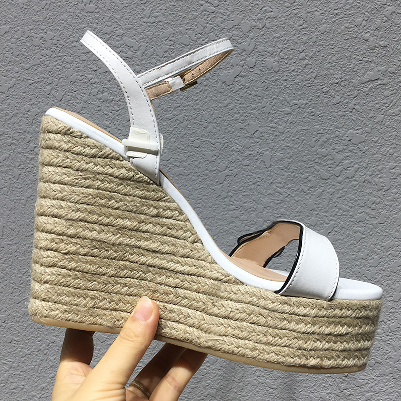 

designer Heels sandals High quality Classics women shoe Ankle Wrap Buckle Strap Platform Soft Leather White Slope heel womens sandal big size Shoes 35-42, Brown