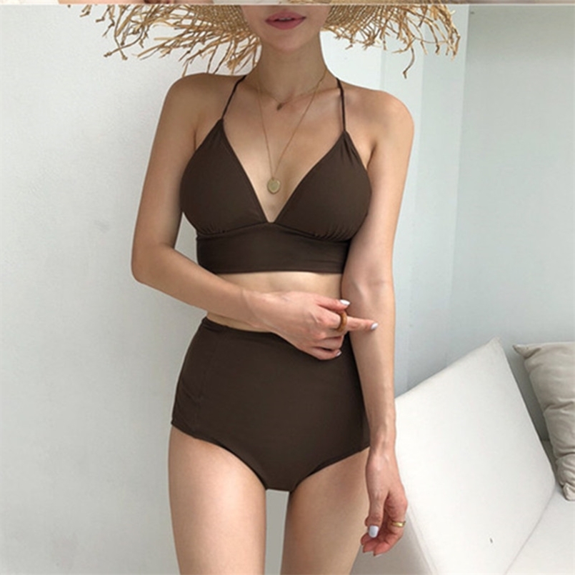

Korean Style Solid Bikini Set Women Padded Biquini Suit Two Pieces Swimwear Swimsuit High Quality Beach 210722, Brown