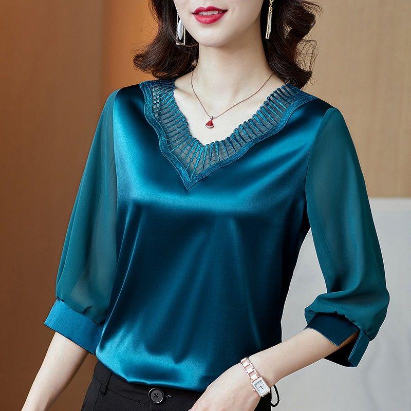 

Women's Blouses & Shirts 2021 Spring And Summer Chiffon Blouse Women Fashion Western Style V-neck Belly-covering Satin Shirt, Blue
