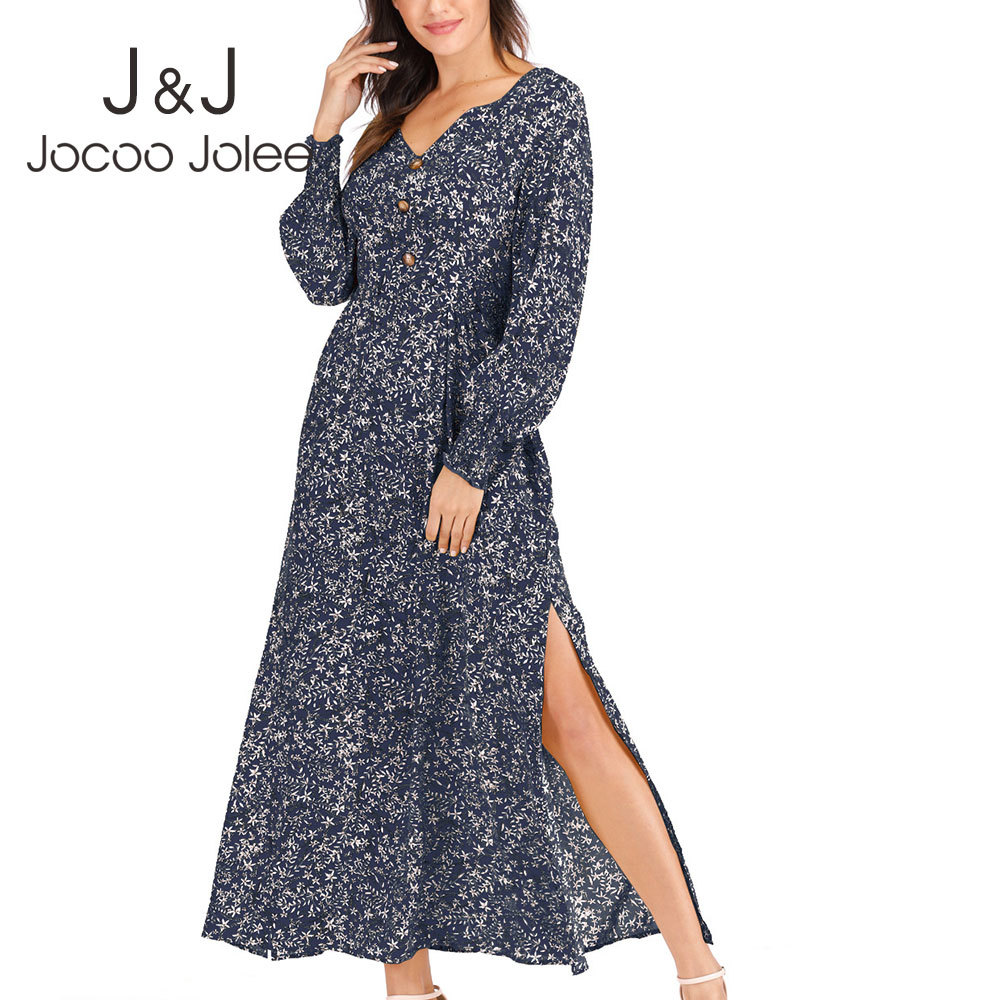 

Jocoo Jolee Europe Style Floral Print Chiffon Dress Summer Long Sleeve V Neck High Waist Slim Split Long Dress Beach Party 210518, Dark red