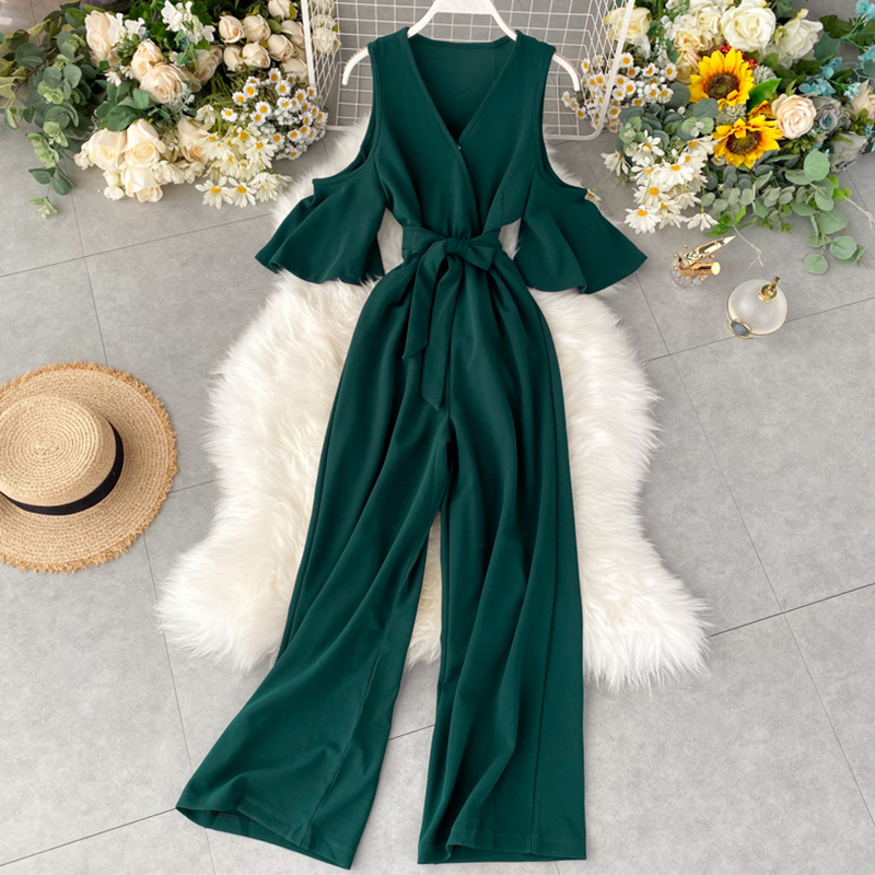 

2021 New Spring Summer Sexy Off-shoulder Women V-neck Jumpsuit Casual OL Sashes High Waist Wide Leg Red/Green Rompers For Female, Black