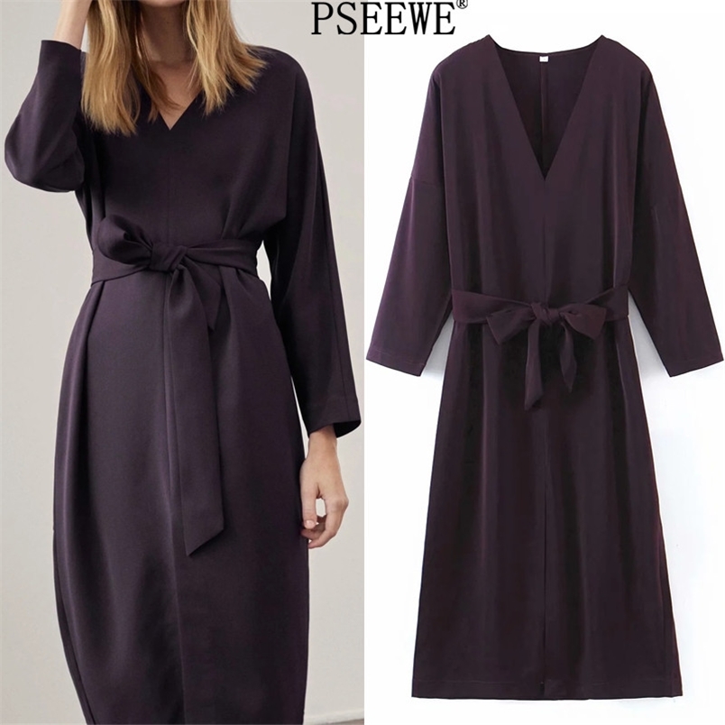 

Purple Chiffon Midi Woman Winter Dress Fashion Belt V Neck Elegant Long Women Chic Vintage Ladies es 210519