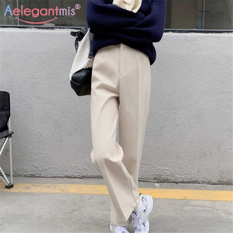 

Aelegantmis Daily Simple Loose Women High Waist Woolen Straight Pants Elegant Korean Fashion Female Classic Button Wool Trousers 210607, Beige