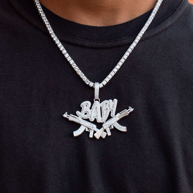 

Iced Out Letter Baby With Gun Pendant Necklace For Men Women 5mm Tennis Chain Hip Hop Gold Silver Color AK Charms Choker Jewelry X0509