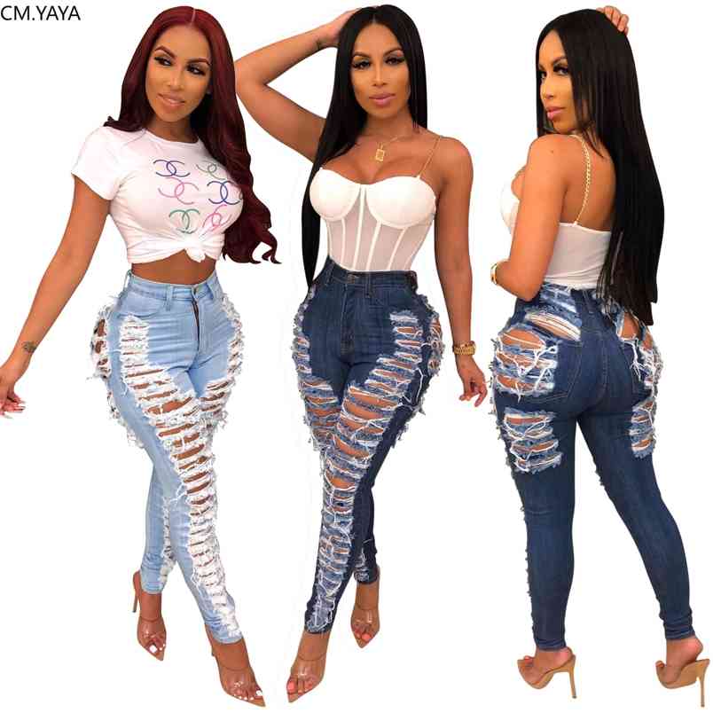 

CM.YAYA Denim Pants Women Retro Solid Sexy Hole Hollow Out Jeans Ripped Flare Trousers Street Skinny High Waist Lady Pant 210708, Light blue