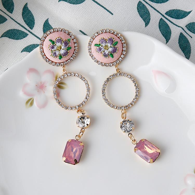 Dangle & Chandelier 2021 Luxury Vintage Embroidery Flower Rhinestone Round Circle Drop Earrings For Women Charm Jewelry-image-698108888