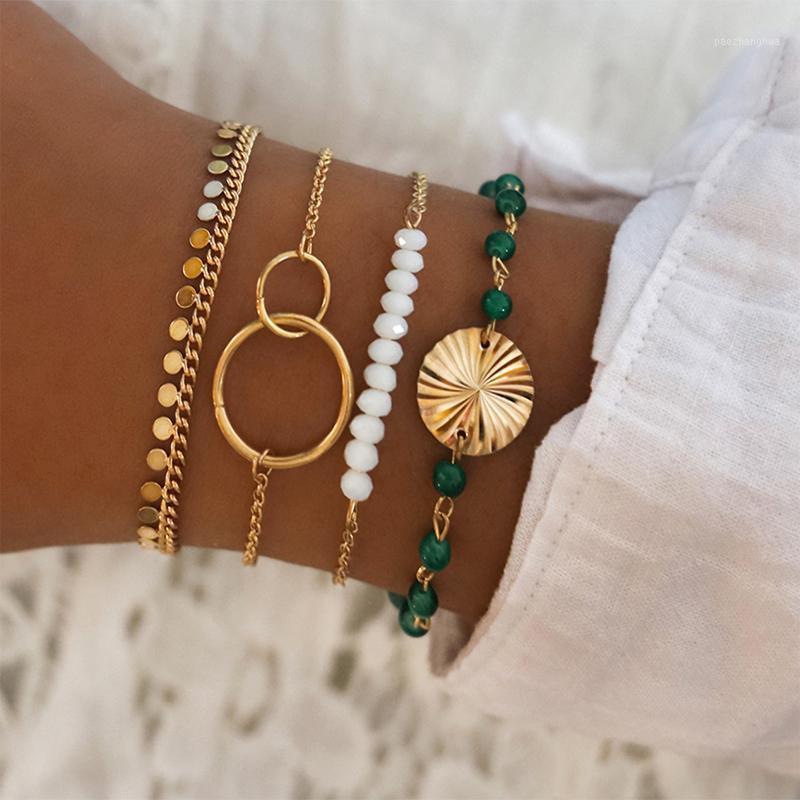 

Simple Sequins Tassel Water Wave Texture Bracelet Handmade Beaded White And Green Contrast Geometric 4-Piece Link, Chain, Black