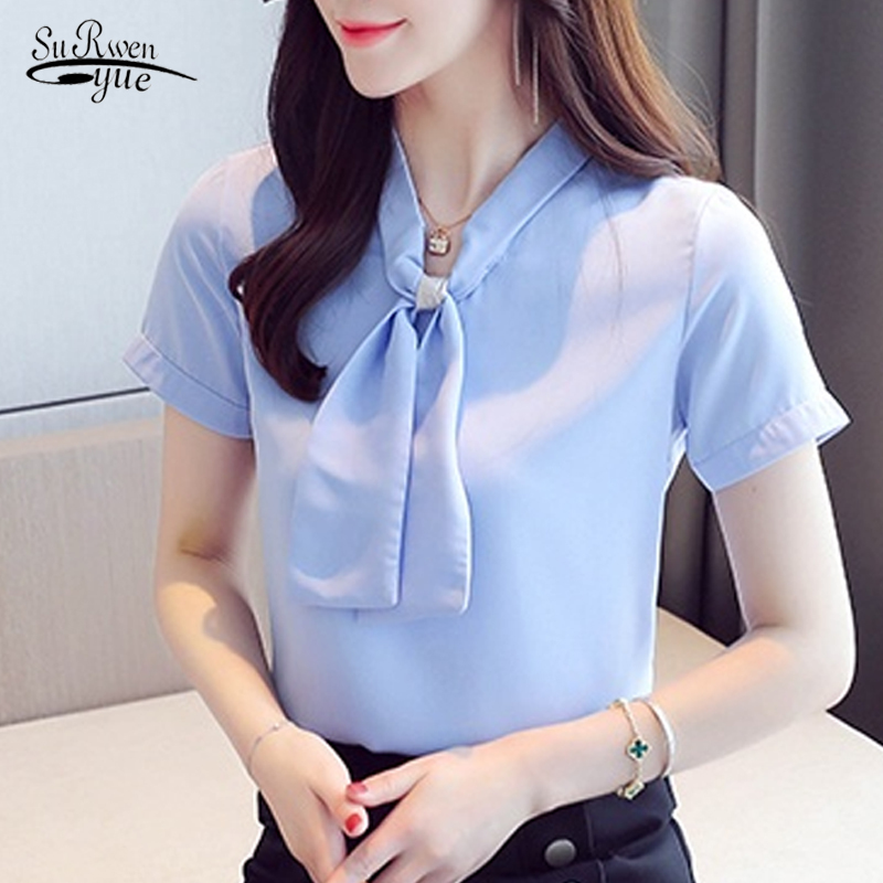 

Blusas Mujer De Moda Summer V Neck Women Tops Casual Short Sleeve Solid Shirt Chiffon Pullover Blouse 9569 210521, Blue