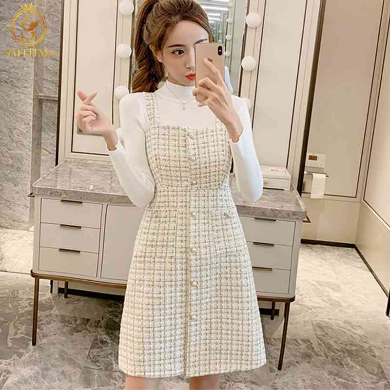 

Arrival Spring Woolen Plaid Sexy Spaghetti Strap Dress Suit Luxury Ladies Temperament 2 Piece Set 210520, Photo color