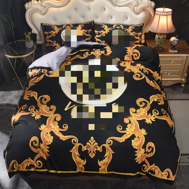 

Fashion  size designer bedding set covers 4 pcs gold black cotton duvet cover luxury bed sheets 2pcs Pillowcases
