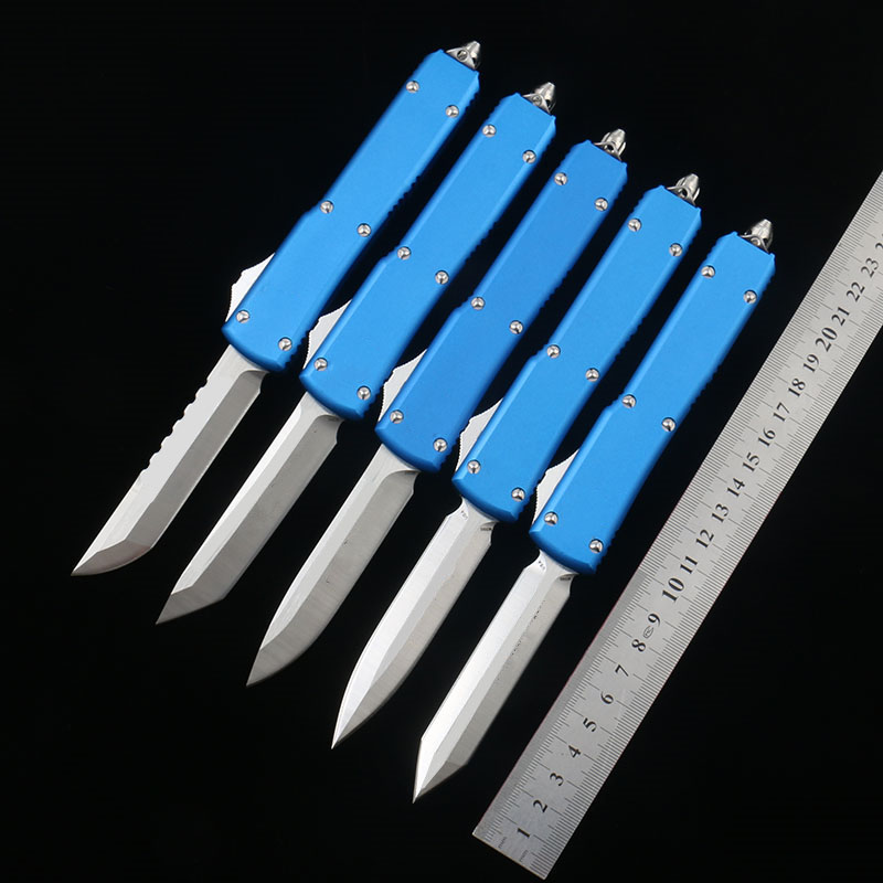 

Blue automatic knife CNC D2 steel wire drawing blade Anodizing 6061-T6 aviation aluminum alloy handle pocket knives Outdoor camping survival EDC tool