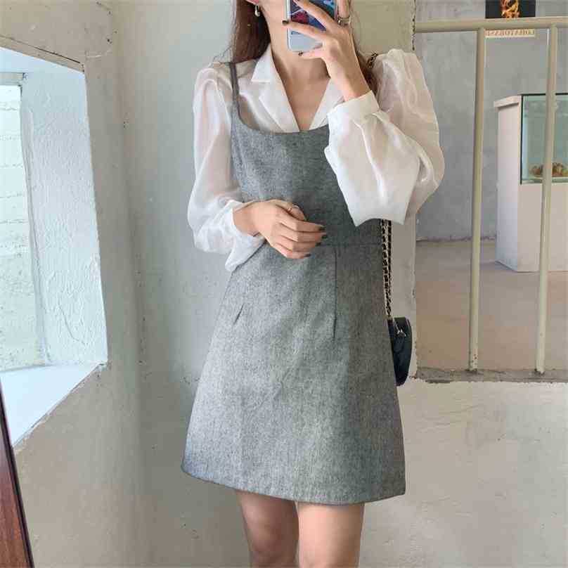 

Chic Solid Elegant Office Lady Loose Shirts+ High Quality Sexy Mini Skirts Two Piece Sets Suits 210525, White and gray