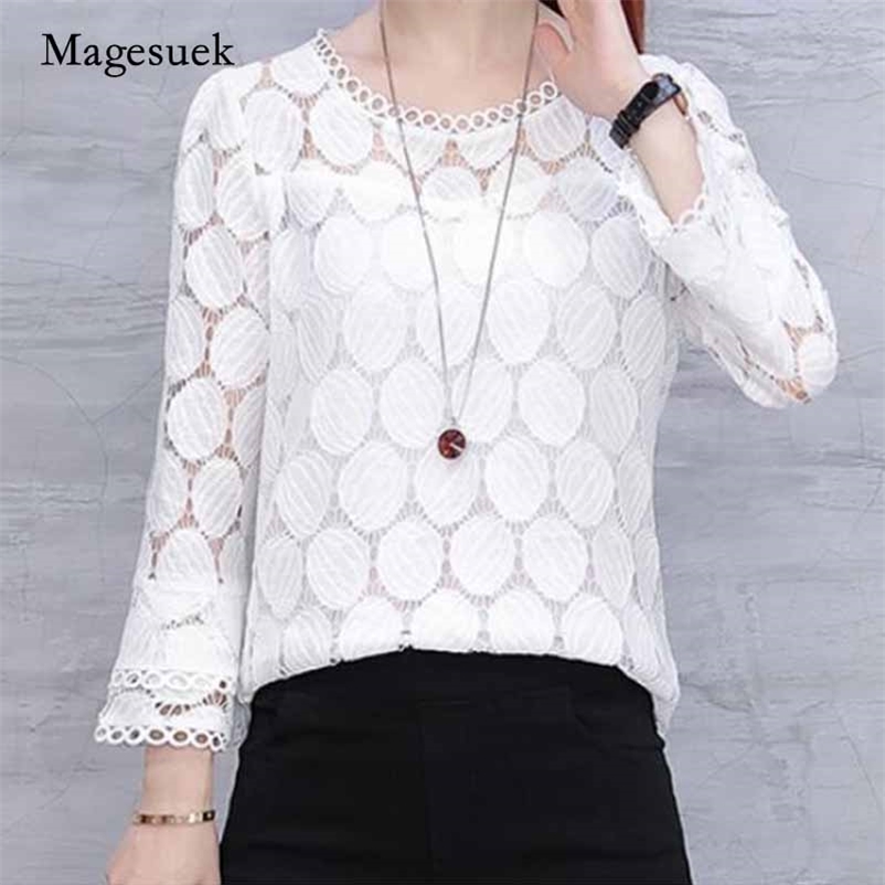 

Autumn Casual Solid Hollow Women Clothing Top Plus Size Lace Flare Sleeve Chiffon Blouse Shirt Femlae Blusas 905E 30 210518, White