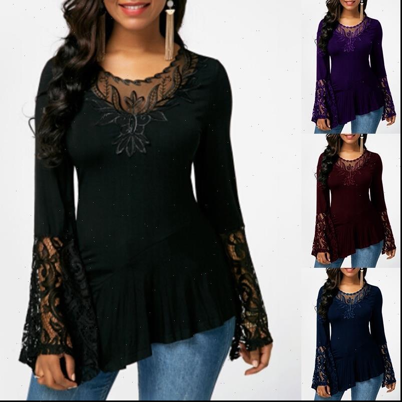

spring flare long sleeve women shirts slim fashion lace stitching irregular plus size s 5xl blouses oversize blusas, White