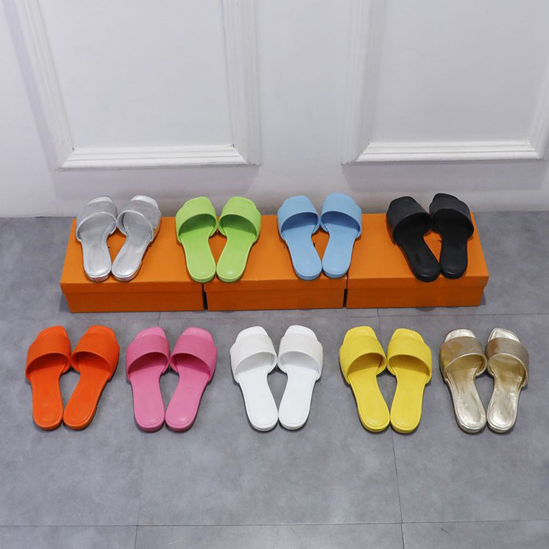 

Fashion flat heel summer slippers women solid color embossed real leather designer slides sandals 9 colors, Wear stick