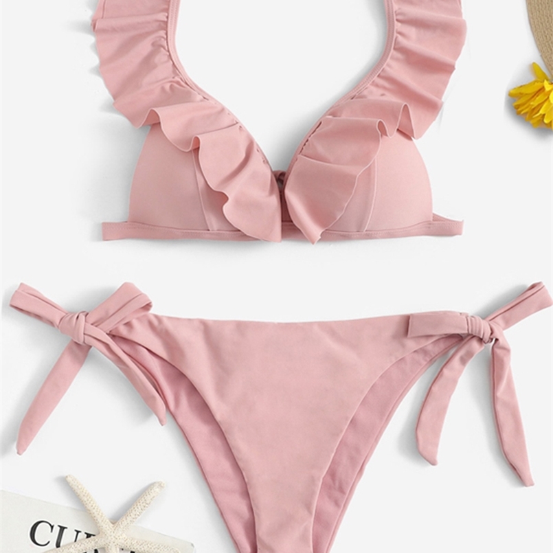 

pink Swimsuit Ruffle Thong Bikini Set Frill Bathing Suit Women Tie Side Solid Bikinis Push Up Swimwear Biquinis 210722