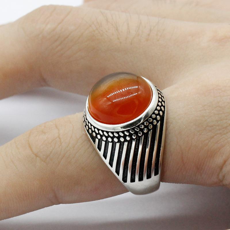 

Cluster Rings Real 925 Sterling Silver Men Women Ring With Natural Agate Stone Turkish Lucky Jewelry For Husband Wife Anniversary Gift