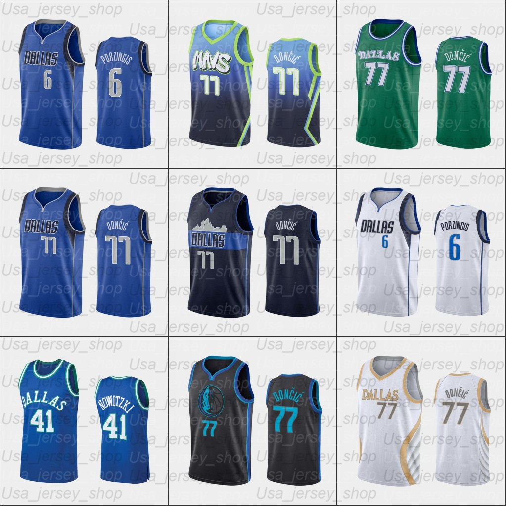

2021 Basketball Jersey Mens Luka Kristaps 6 Porzingis 77 Doncic Dirk 41 Nowitzki Mesh Retro Multi blue white green, As photo