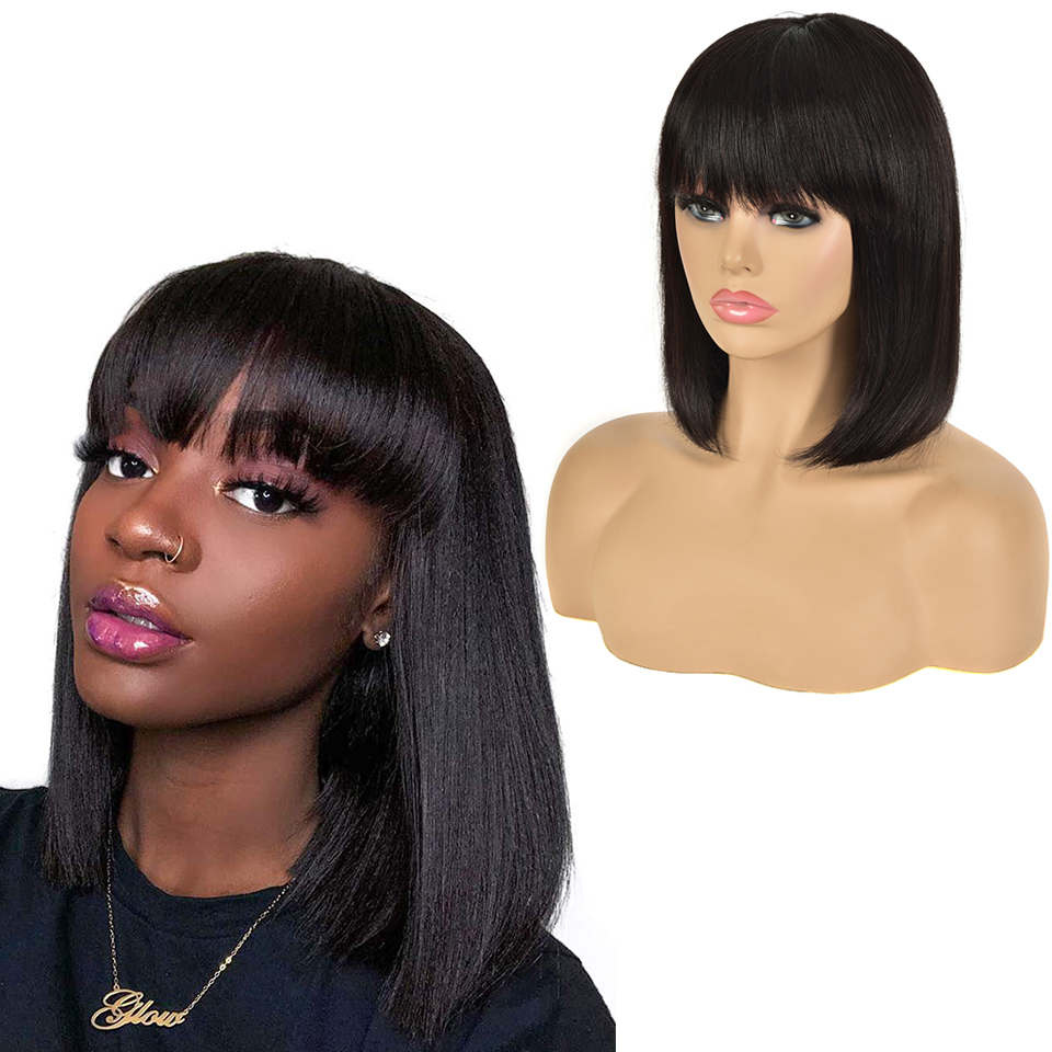 

Pixie Cut Bob Wigs Peruvian Straight Short Human Hair Fringe Wig With Bangs For Women, Natural color
