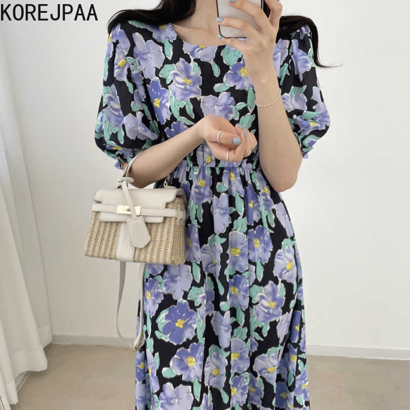 

Korejpaa Women Dress Summer Korean Fashion Retro Temperament Print O Neck Fold Waist Slim Long Bubble Sleeve Flower Dresses 210526, Black