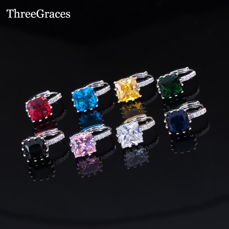 

Hoop & Huggie ThreeGraces Jewelry 8 Color Options Classic Square Shape Cubic Zirconia Inlay Red Fashion Earrings For Women ER209, Golden;silver