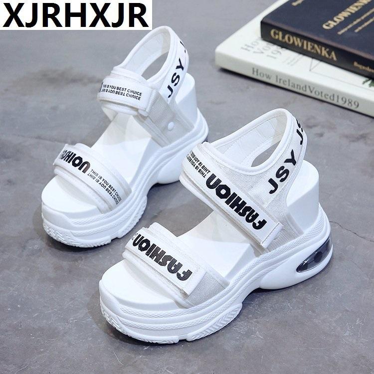 

Summer Platform Sandals Women 10CM Wedges Thick Bottom Casual Shoes Comfortable White Hook & Loop Sneakers, Black