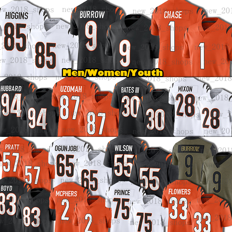 

9 Joe Burrow 85 Tee Higgins Football Jersey Ja'Marr Chase Logan Wilson C.J. Uzomah Jessie Bates III Germaine Pratt Trey Hendrickson Larry Ogunjobi Stanley Morgan Jr, Custom kid jersey(x s)