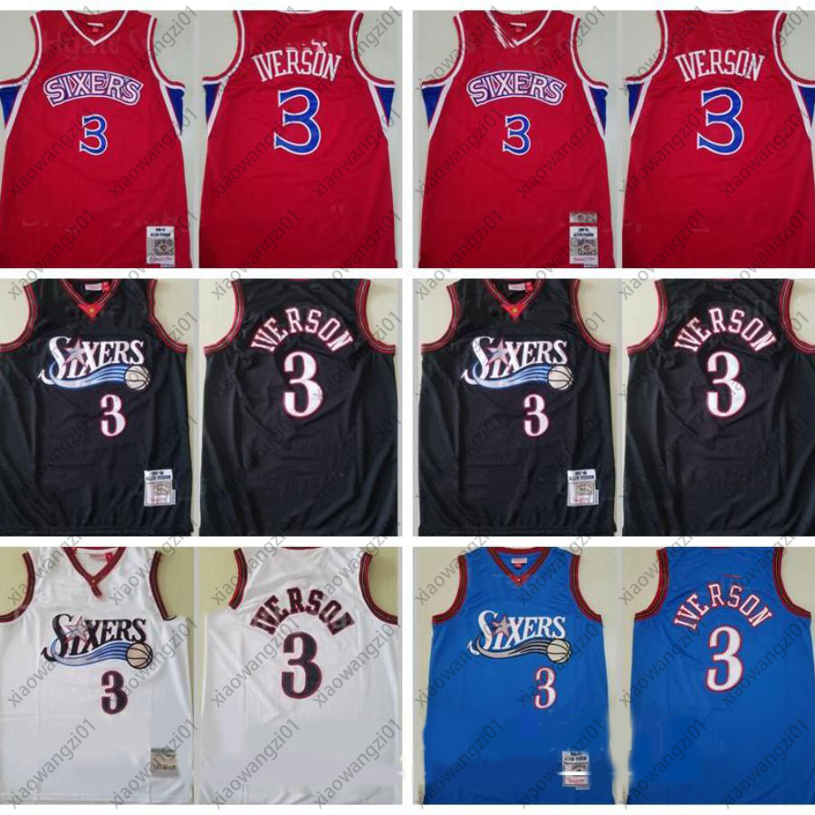 

Men cheap Basketball Allen Iverson Jersey 3 Vintage Black White Red Blue Team Color Home Breathable Pure Cotton Good Quality, Black;red