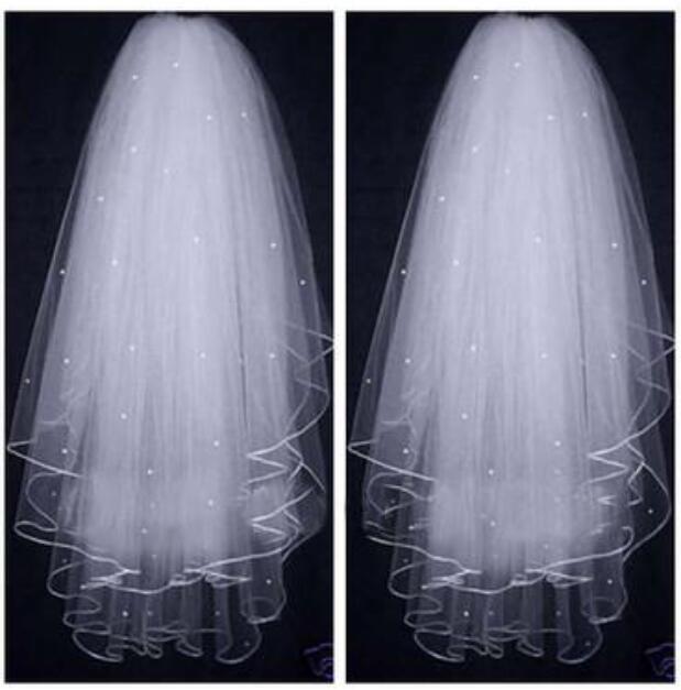 

Women Pearls Tulle Short Bridal Veils Ribbon Edge White Ivory Super Glitter Pearl 3 Layers Wedding Veil Bride Accessories Length 23-32inches