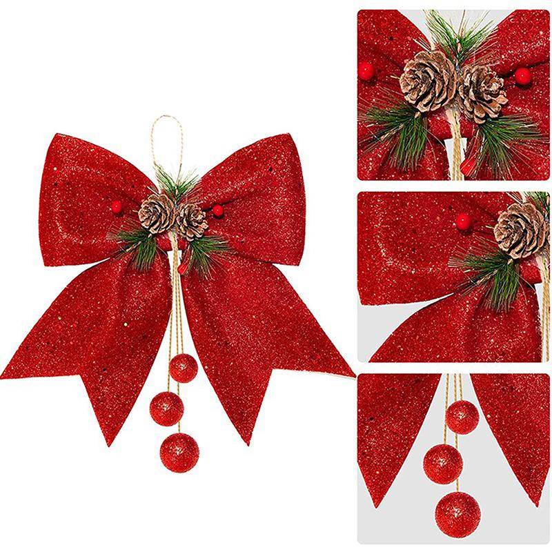 

Christmas Decorations Large Red Gold Sparkling Glitter Ribbon Bow Pine Cones Tree Decoration