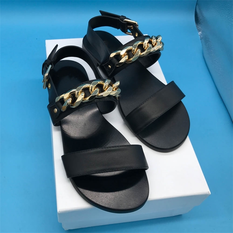 

Kathlyn Wong Real Cow Leather Women Gold Chain Sandal Shoes, Summer Flats Sandals 210521, Black patent