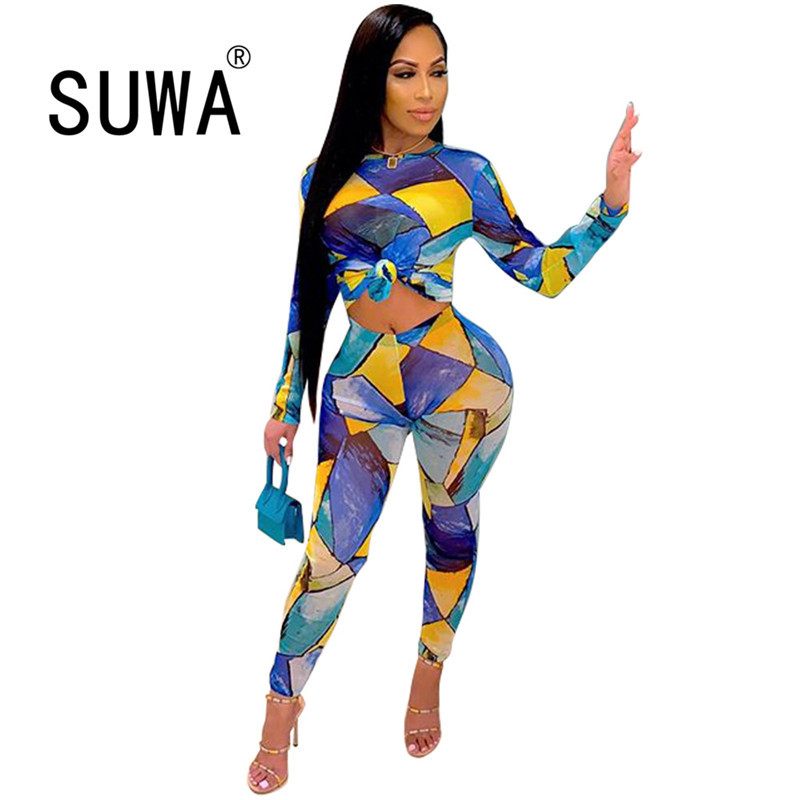 

Geometry Colorful Printed Sexy Club 2 Piece Outfits For Women Long Sleeve Crop Top Tunic Skinny Pencil Pants Matching Sets 210525, Multi