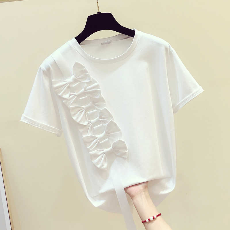 

Solid Side Three-dimensional Bow Patchwork Decorated Short-sleeved O Neck T-shirt Loose Top 210615, White