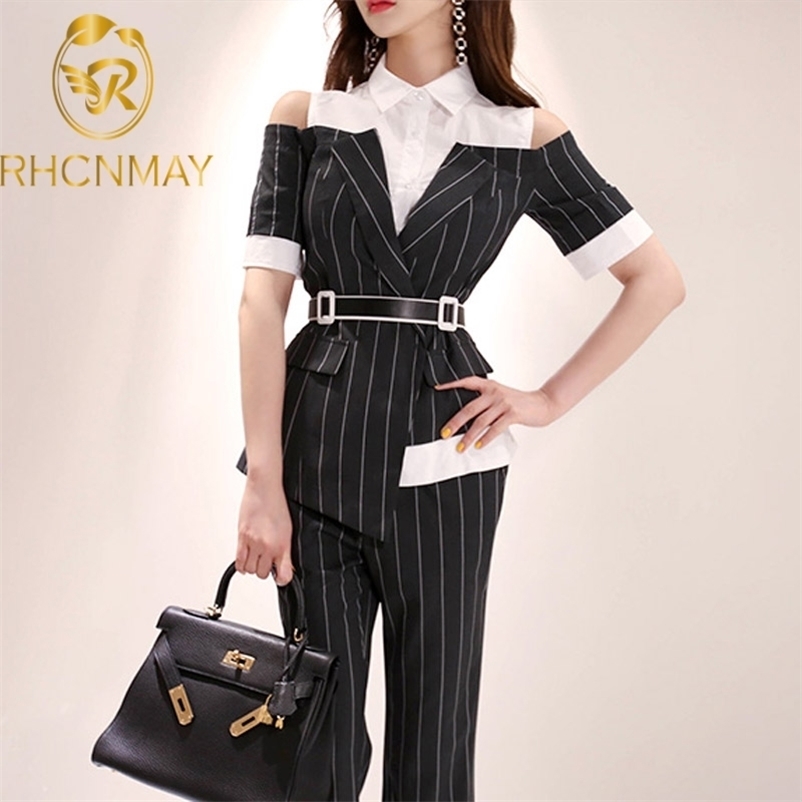 

Office Ladies Striped 2 Pieces Set Women Patchwork Short Sleeve Sashes Tops + High Waist Pants Elegant Female Sets 210520, Black