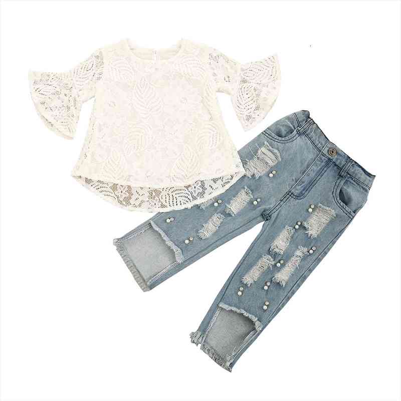 

1-5y summer fashion kids girls clothes sets lace floral flare sleeve t shirts pearl hole denim pants, White