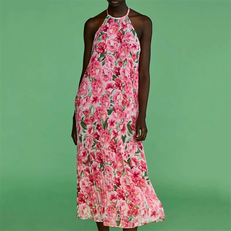 

Women Elegant Vintage Midi Dress Sexy Solid Halter neck printed A-line suspender dress Plus Size Robe Femme 210524, Pink
