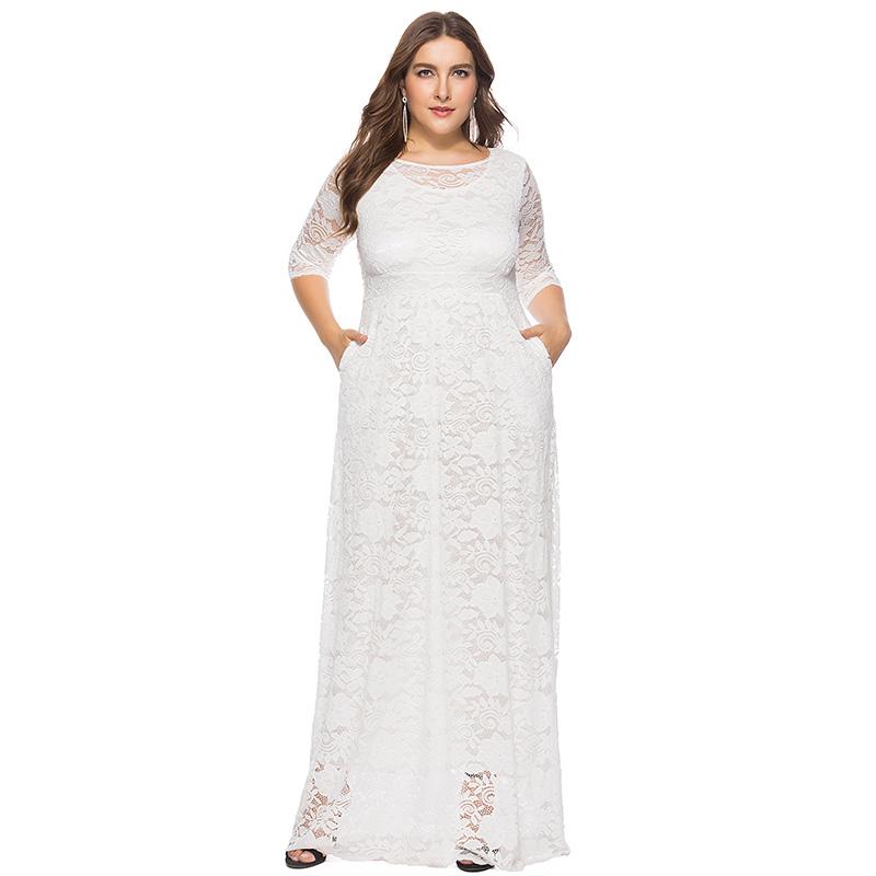 

Plus Size Dresses Sexy Women Lace Dress O Neck 3/4 Sleeve Pocket Slim Elegant Party Long Spring Autumn Maxi Female Robe, White