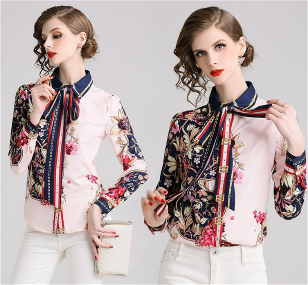 Designer Women's Tops Blouse Women Fashion Elegant Office Look Work Wear Party Shirt Female Top Weekend Floral & Chains Print Casual Coats Size