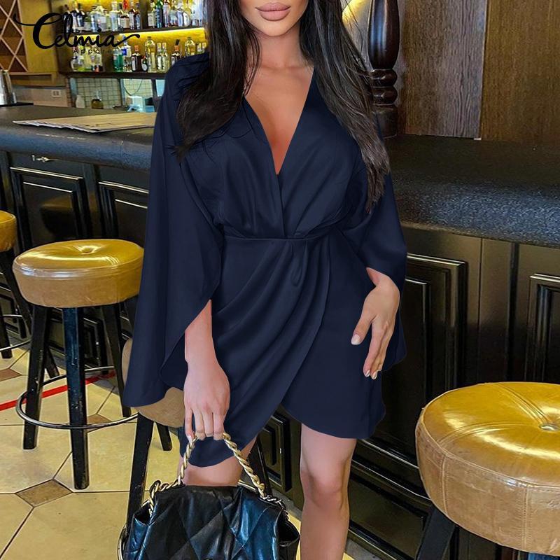 

Casual Dresses Loose A Line Short Celmia Women Autumn Satin Sexy V Neck Long Sleeve Irregular Mini Vestido Hem Wrap Holiday Robe, Green
