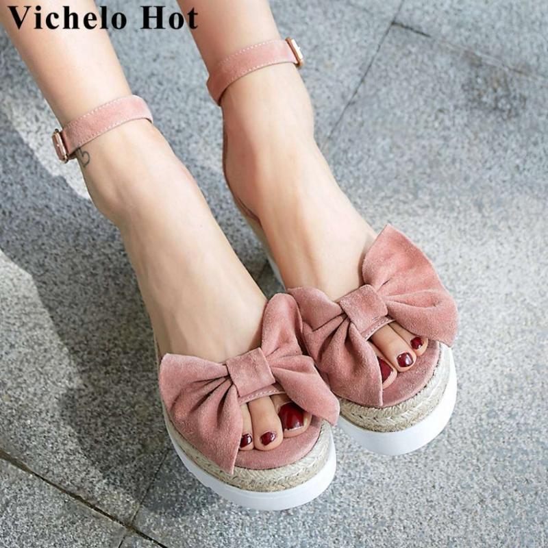 

Vichelo Natural Leather Butterfly-knot Straw Decoration Buckle Strap Wedges Platform Women Sandals Peep Toe Party Shoes L12, Black